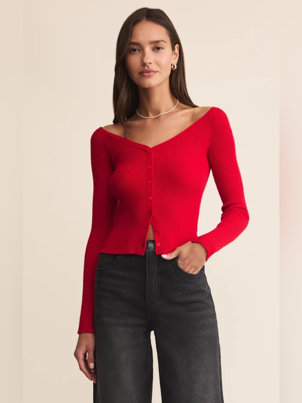 🆕 Z Supply Jovy Off-Shoulder Ribbed Button-Fro Sweater Top-Festive Red MWT SZ XS